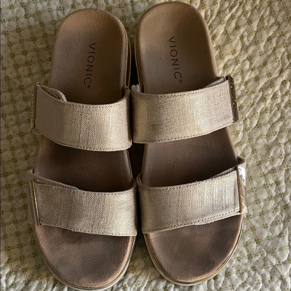 Vionic Shimmering Beige Slide Sandals